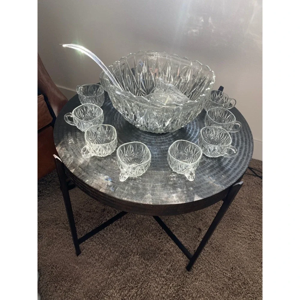 Williamsport  Vintage 12 Pc Prescut Crystal Punch Bowl Set w 10 Cups + Ladle
